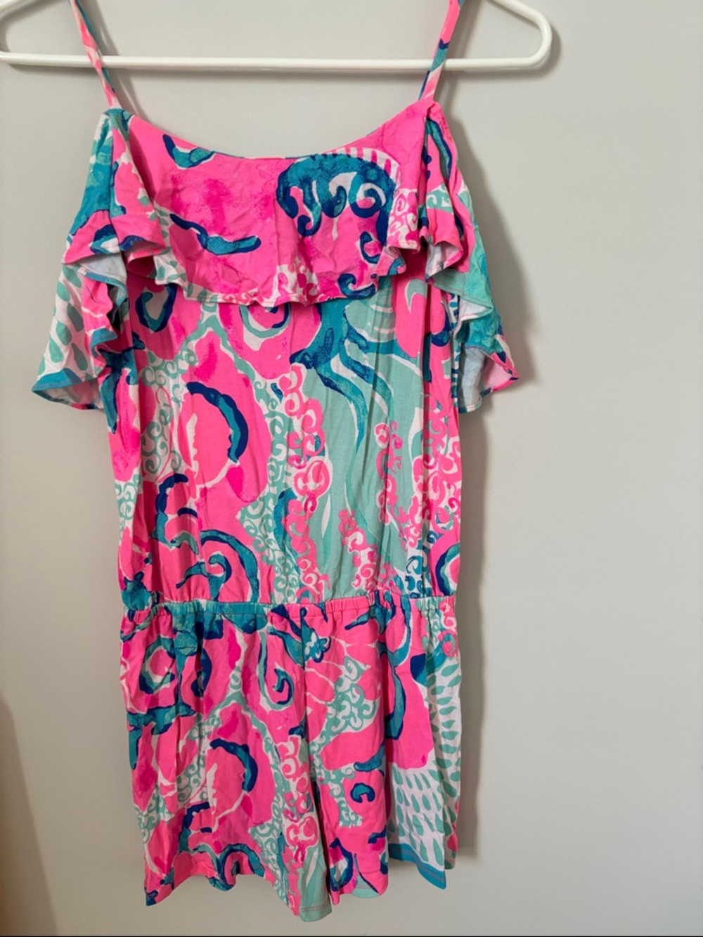 Lilly Pulitzer Pink & Aqua Off-Shoulder Ruffle Romper